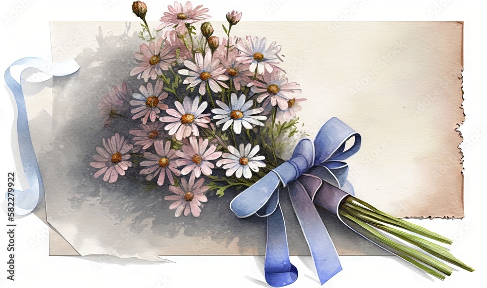  a bouquet of daisies with a blue ribbon on a piece of paper with a blue ribbon around it and a blue