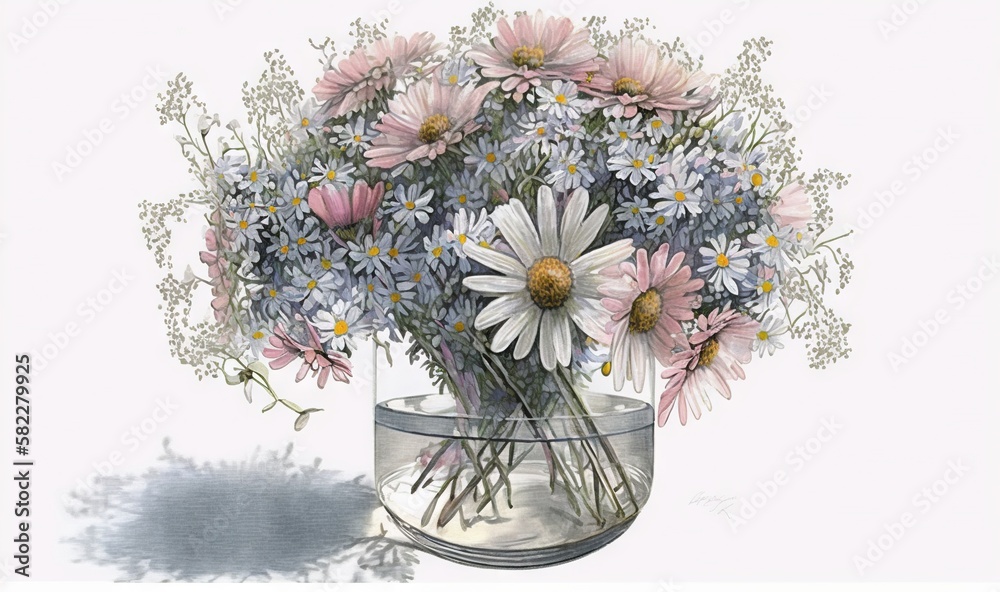  a drawing of a vase filled with lots of daisies and daisies in its glass vase, with a shadow on th