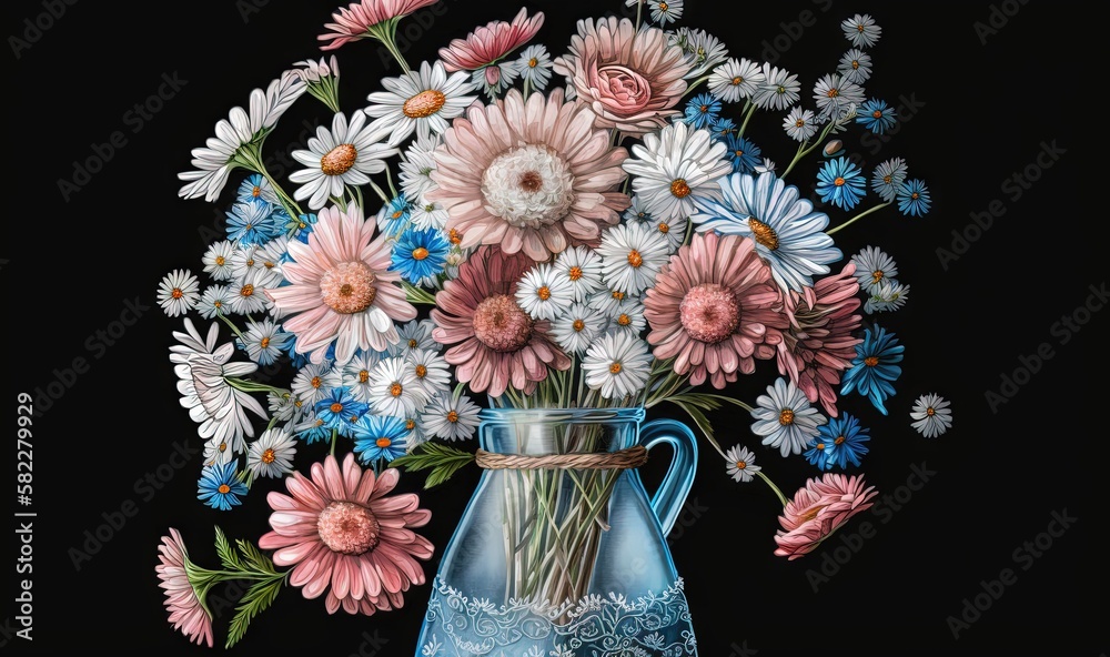  a painting of a vase filled with lots of different colored daisies and daisies on a black backgroun