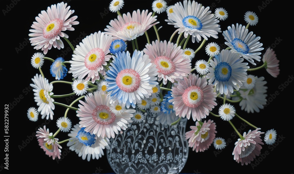  a blue vase filled with lots of white and pink flowers on top of a blue table cloth covered tablecl