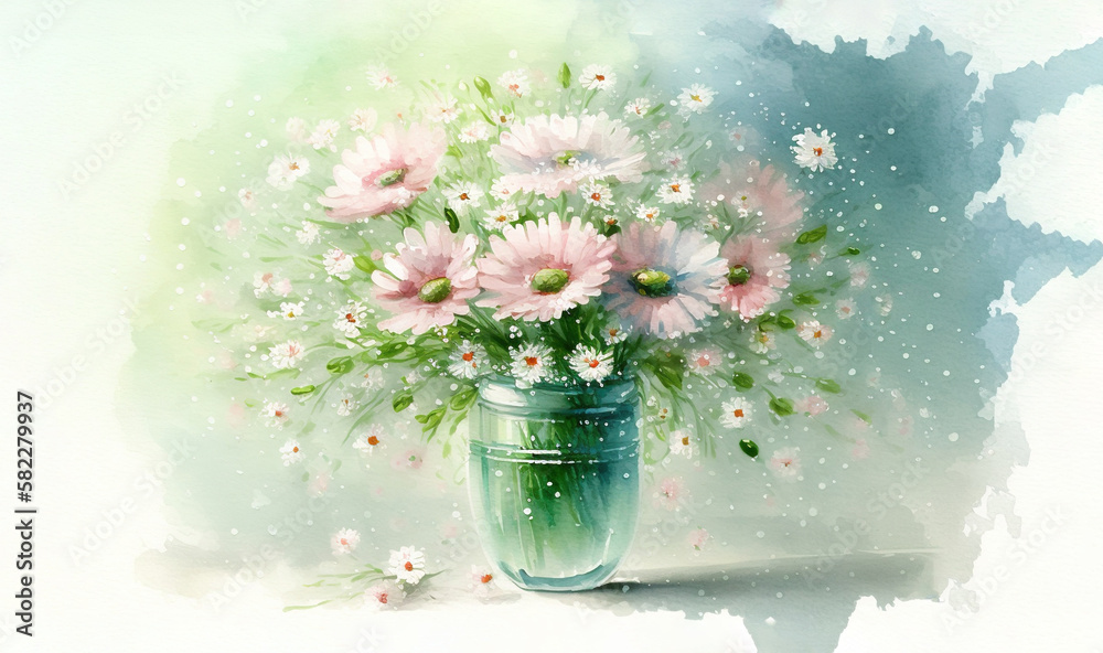  a painting of a vase filled with pink and white daisies on a green and white background with waterc