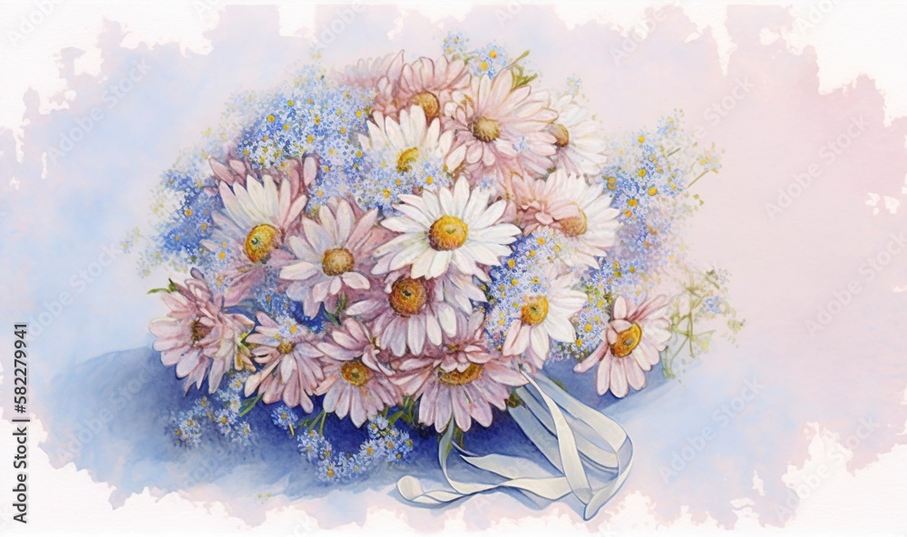  a painting of a bouquet of daisies in a blue vase with a white ribbon on a blue and pink background