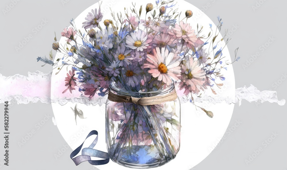  a jar filled with lots of purple and white flowers on top of a white tablecloth with a blue ribbon 