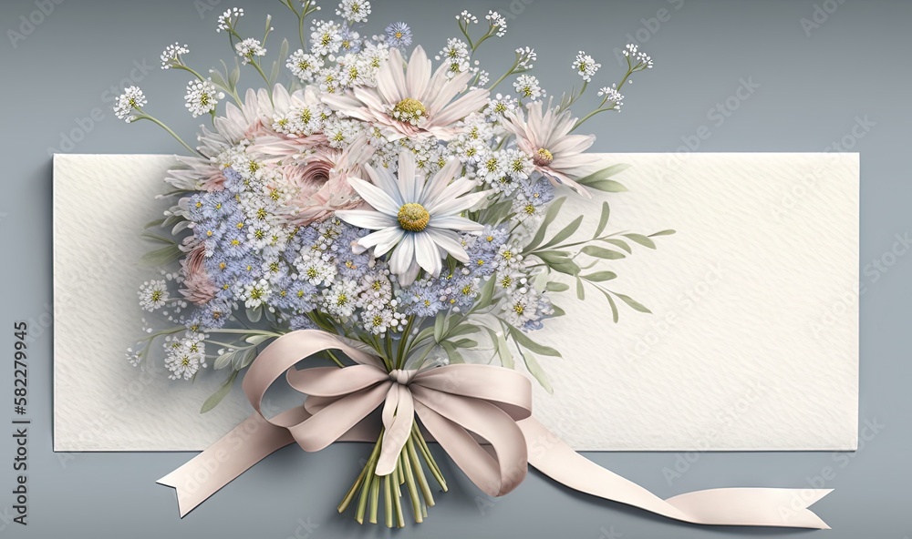  a bouquet of daisies and other flowers with a ribbon tied around the corner of a card on a gray bac