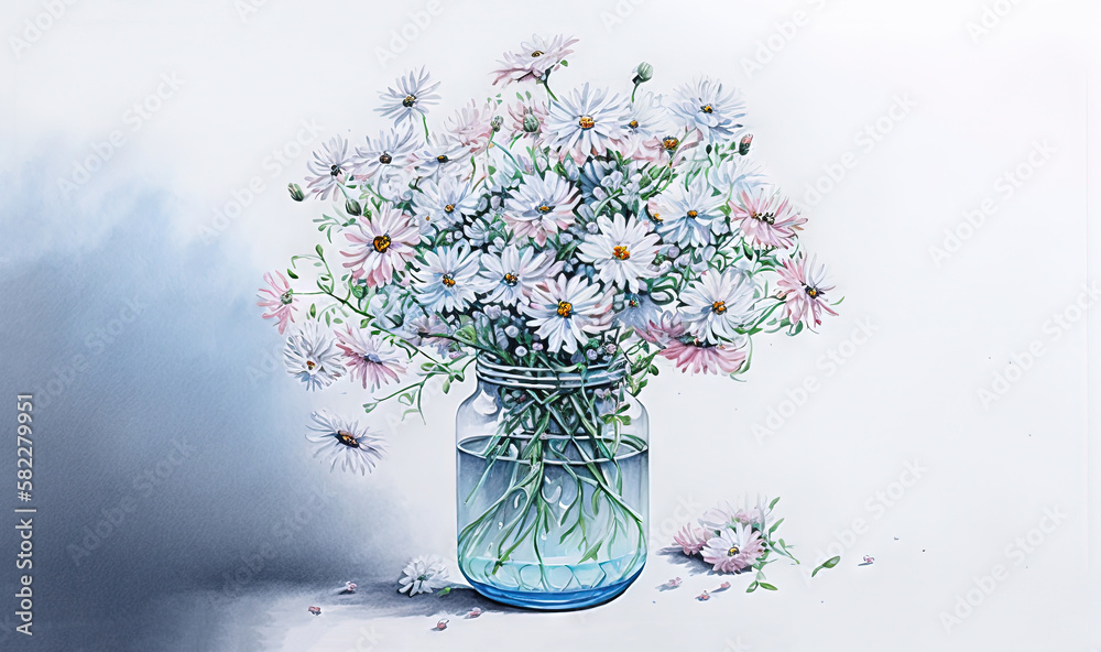  a painting of daisies in a mason jar with a white background and a blue bottom with a white bottom 