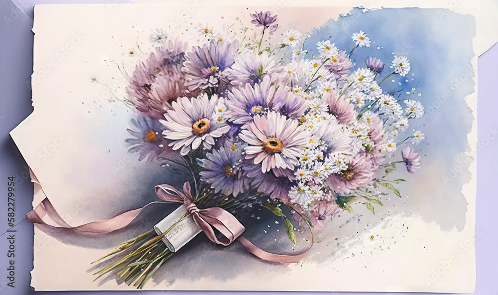  a painting of a bouquet of daisies and daisies with a pink ribbon on a piece of paper with a blue b