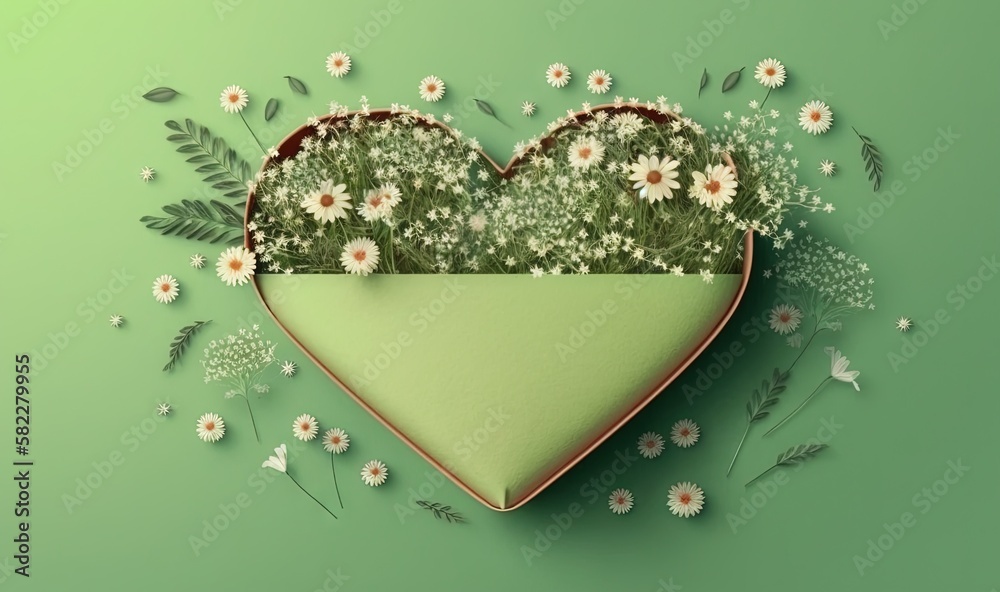  a heart shaped box with daisies and daisies in it on a green background with leaves and flowers aro