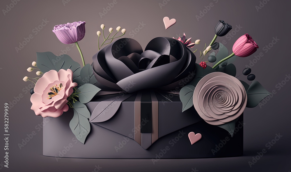  a black box with flowers and hearts on its lid and a ribbon around the top of the box and a bow at