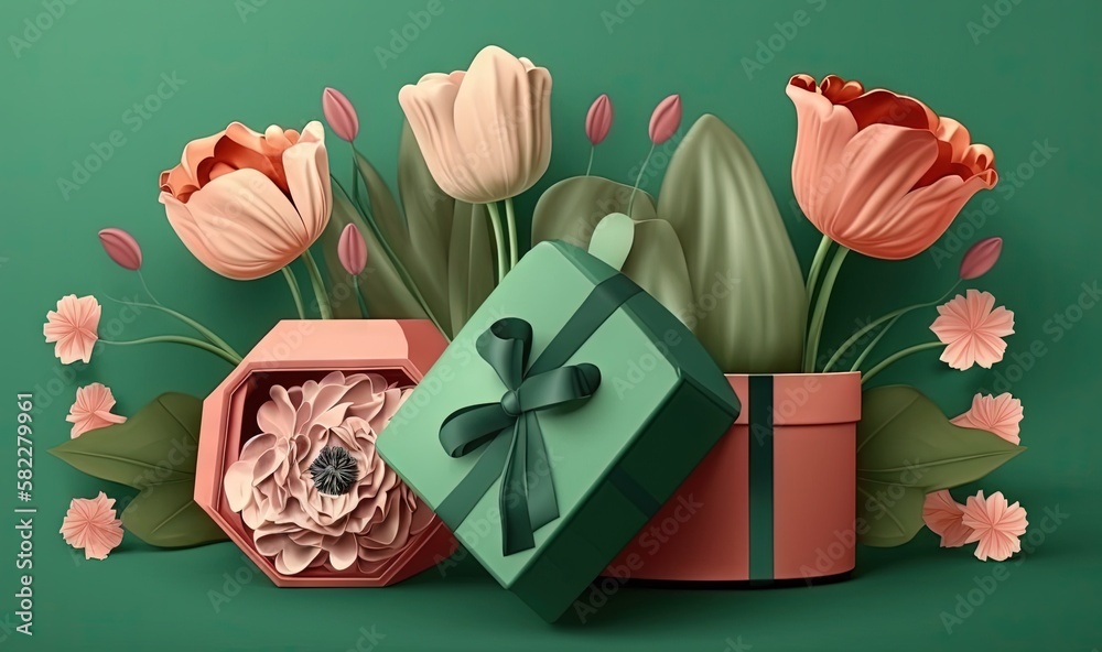  a green box with a green bow and a pink flower and a green box with a green bow and a pink flower a