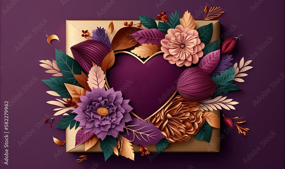  a purple heart with flowers and leaves on a purple background with the words happy valentines day 