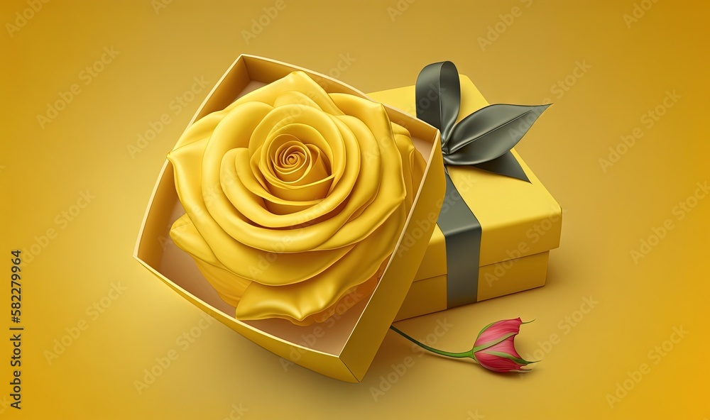  a yellow gift box with a flower in it and a black ribbon on the top of the box is a single yellow r