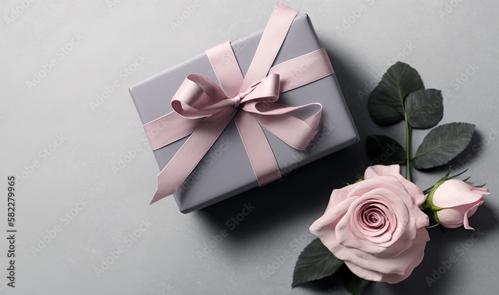  a gift box with a pink ribbon and a pink rose on a gray background with a pink ribbon and a pink ro