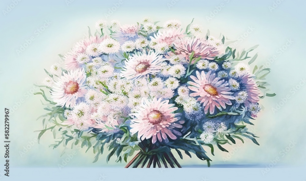  a painting of a bouquet of flowers on a blue and white background with a light blue background and 