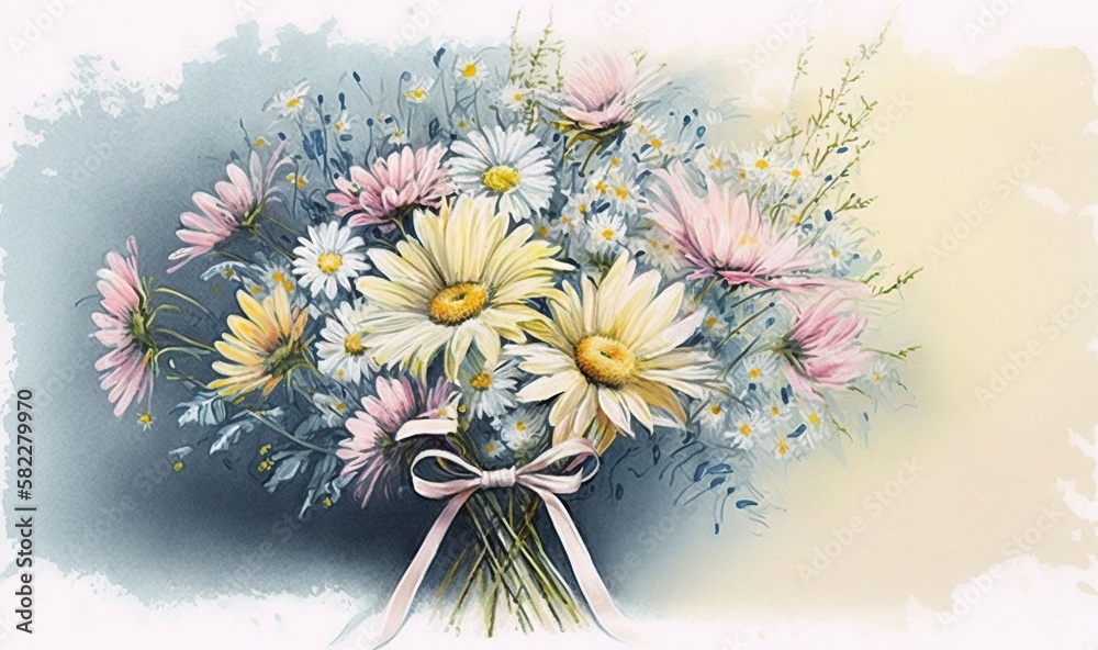  a painting of a bouquet of daisies and daisies in a vase with a bow on the side of the vase, with a