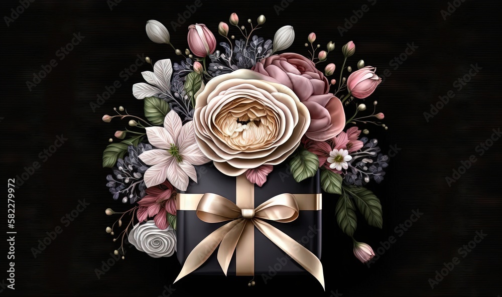  a black box with a gold ribbon and a flower arrangement on top of it, on a black background, with a