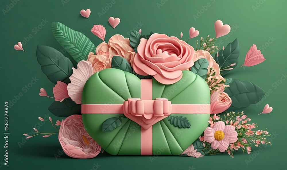  a green heart shaped box with pink flowers and leaves on a green background with pink hearts and pi