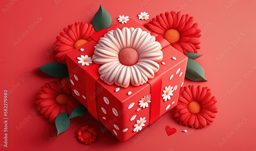  a red box with a flower decoration on top of a red surface with red flowers around it and a white f