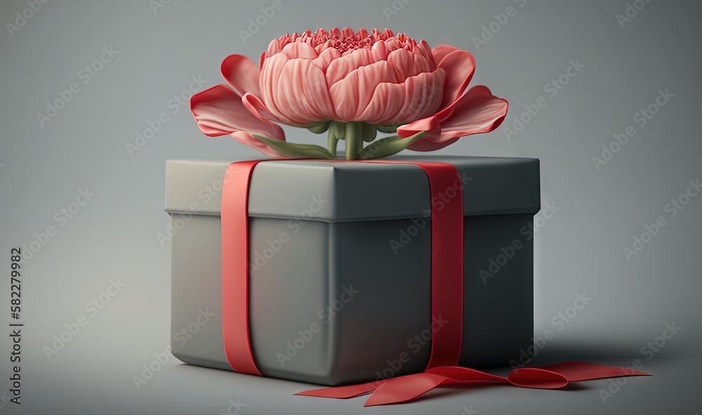  a large pink flower sitting on top of a gray box with a red ribbon around its edge and a bow aroun