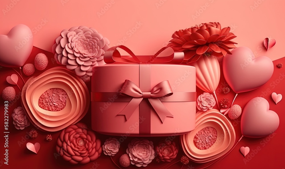  a pink gift box with a bow and a bow on it surrounded by hearts and flowers on a red background wit