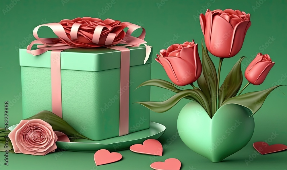  a green box with pink flowers and a heart shaped vase with a bow and ribbon on a green background w