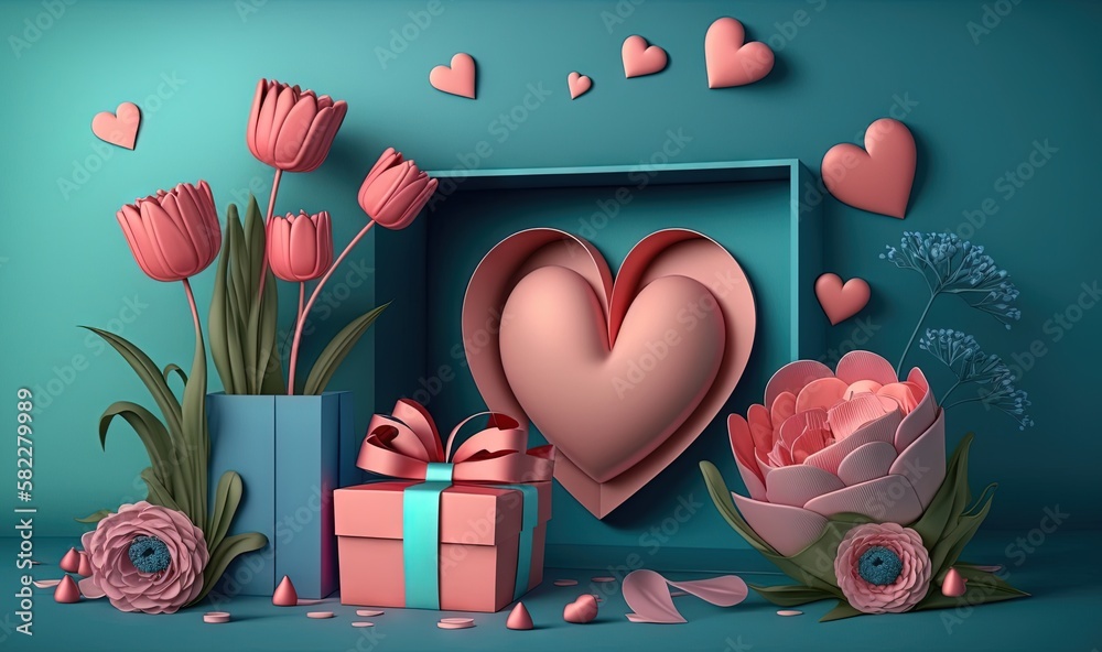  a heart shaped box surrounded by flowers and a box with a bow on the top of it and a gift box in fr