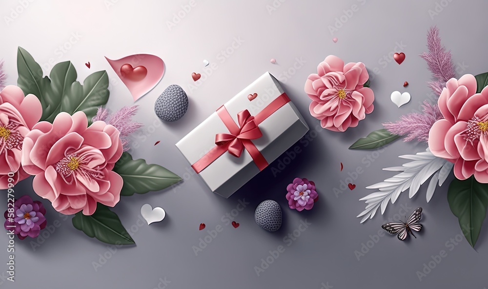  a white box with a red bow and pink flowers on a gray background with hearts and flowers on the bot