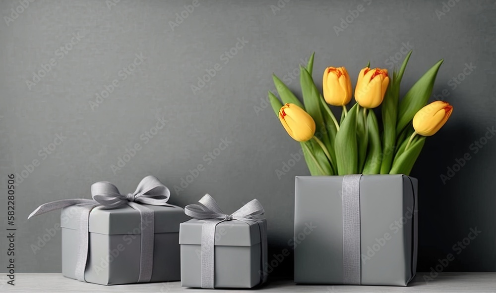  a vase with yellow tulips and a gift box with a bow on a table in front of a gray wall with a gray 