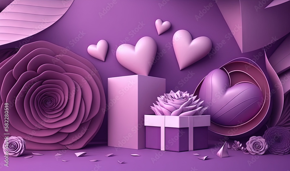  a purple background with paper flowers and a gift box with a heart on top of it and a box with a fl