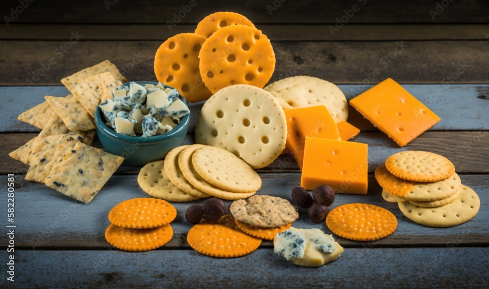  a variety of cheese and crackers on a wooden table with a bowl of blue cheese and crackers on the s