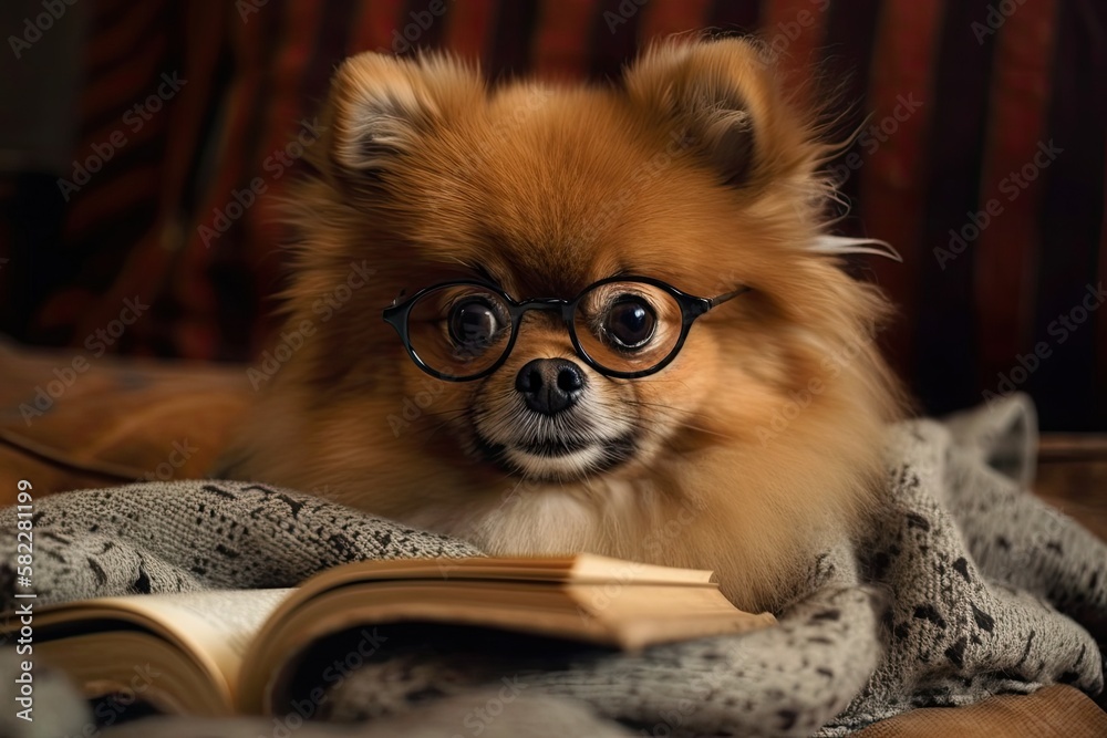 Pomeranian dog with brains and a book. A dog took cover behind a blanket and read a book. dog with g