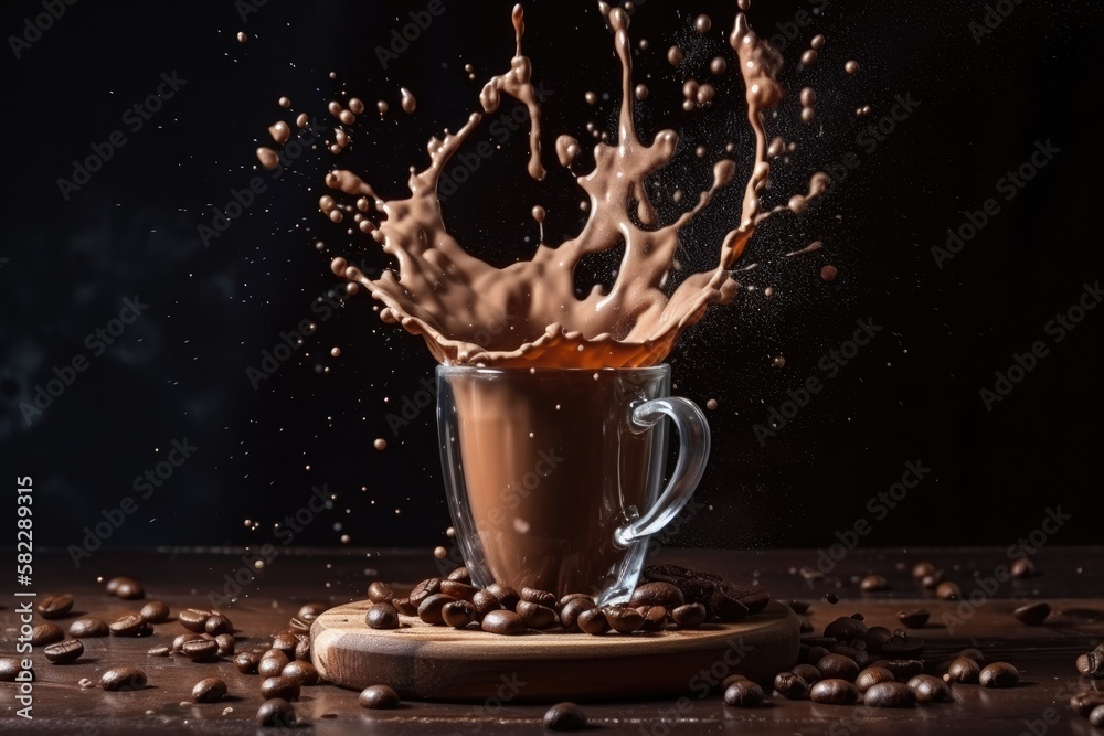 Coffee Beans Falling While Coffee and Creamer Mix. Generative AI