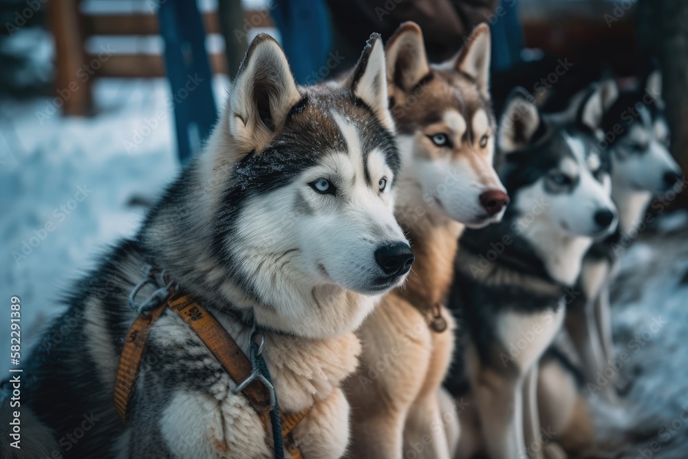 Beautiful sled dogs and huskies wait in the cold. Generative AI