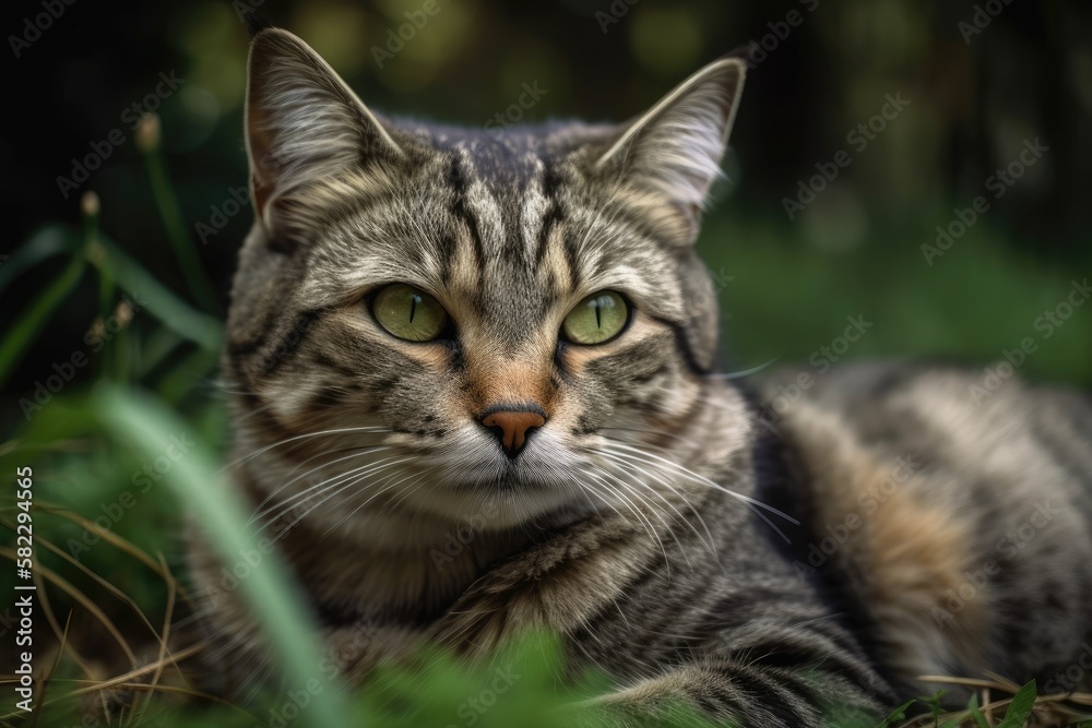 A stunning stray cat is lying in the lush grass and gazing off to the side. copy space, focused only