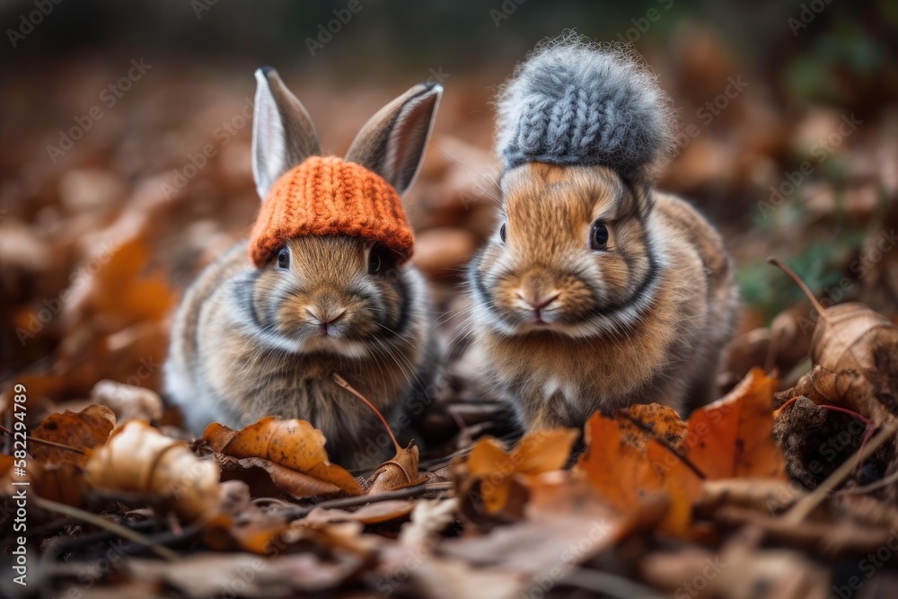 Two adorable young rabbits in autumnal garb wearing knitted wool hats. Generative AI