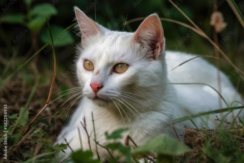 feline lounging in grass. Generative AI