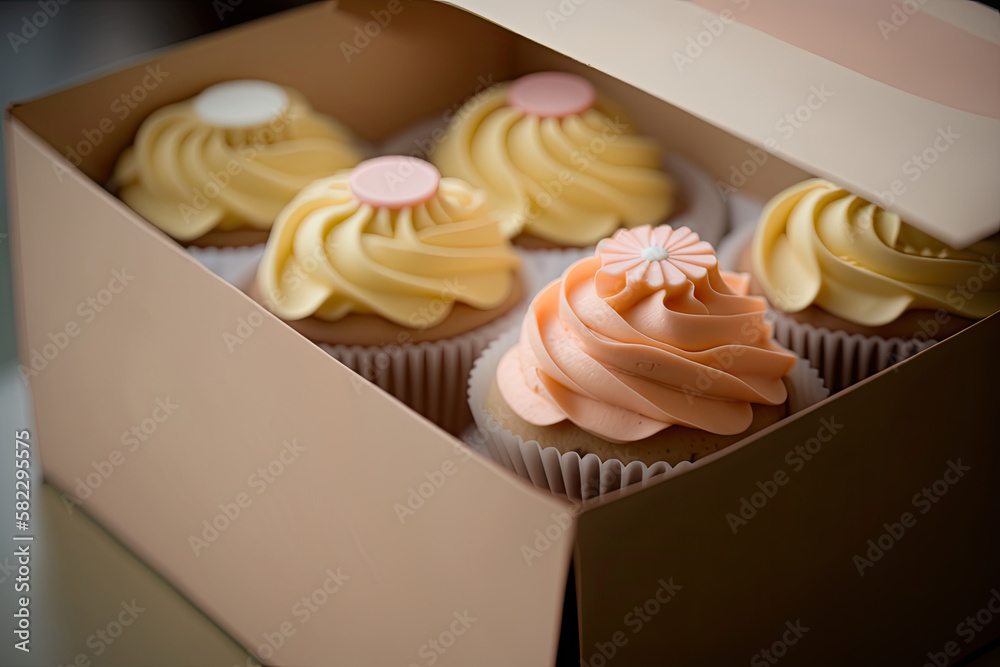 Cupcake packaging delivery box vanilla cupcakes. Illustration AI Generative