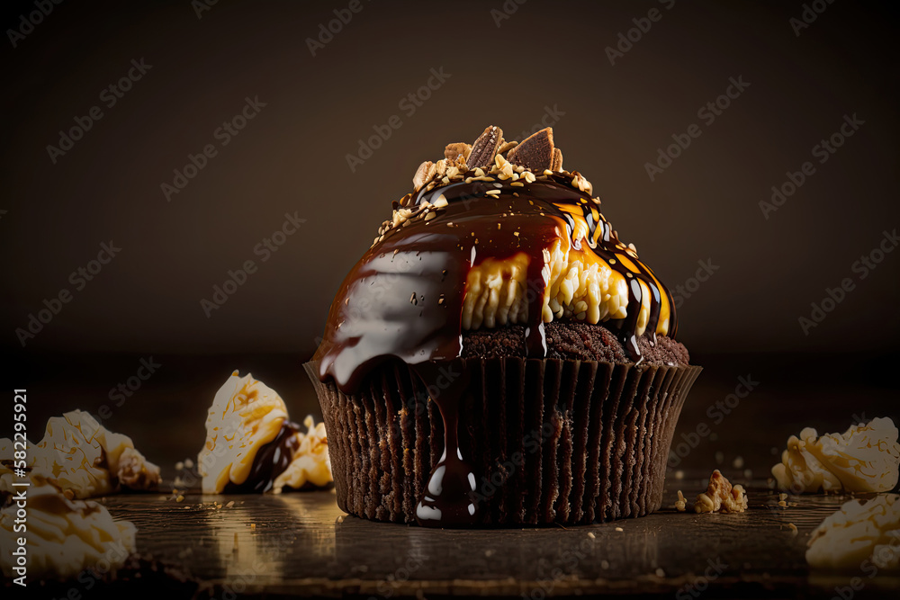 Chocolate caramel cupcake with nuts and butterscotch. Illustration AI Generative