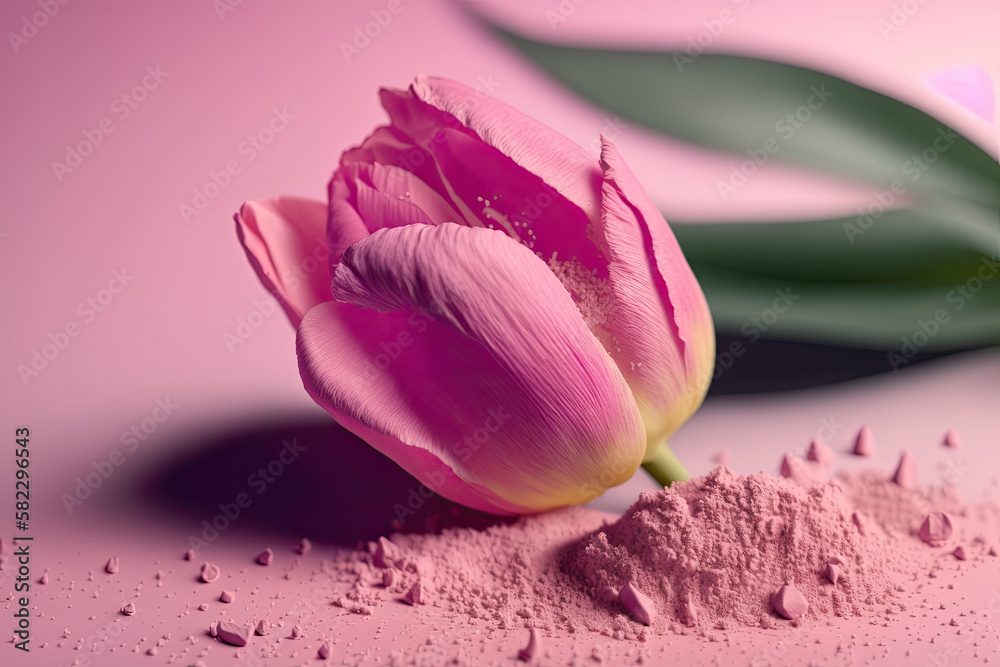 a beautiful pink tulip lying on pink powder. Illustration AI Generative