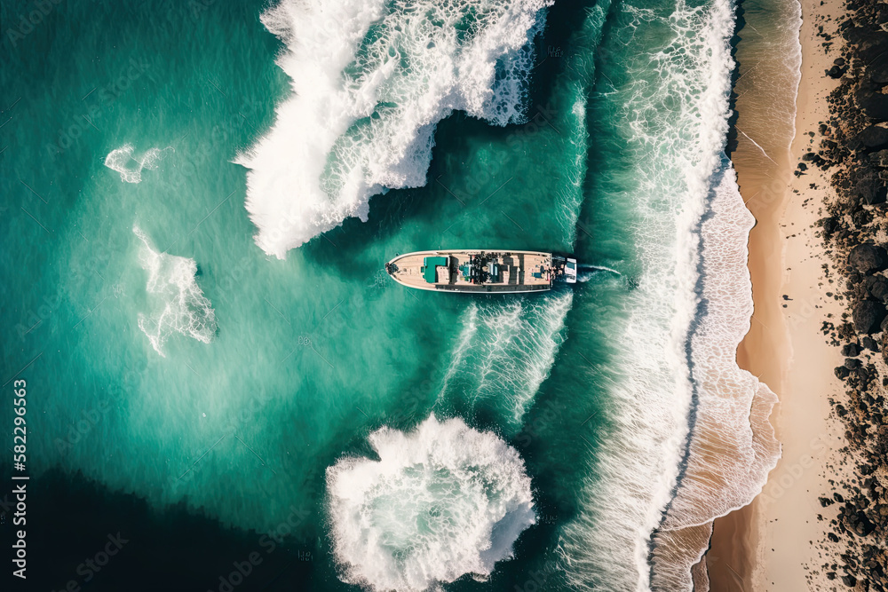 Wave and boat on the beach as background. Beautiful nature. Illustration AI Generative