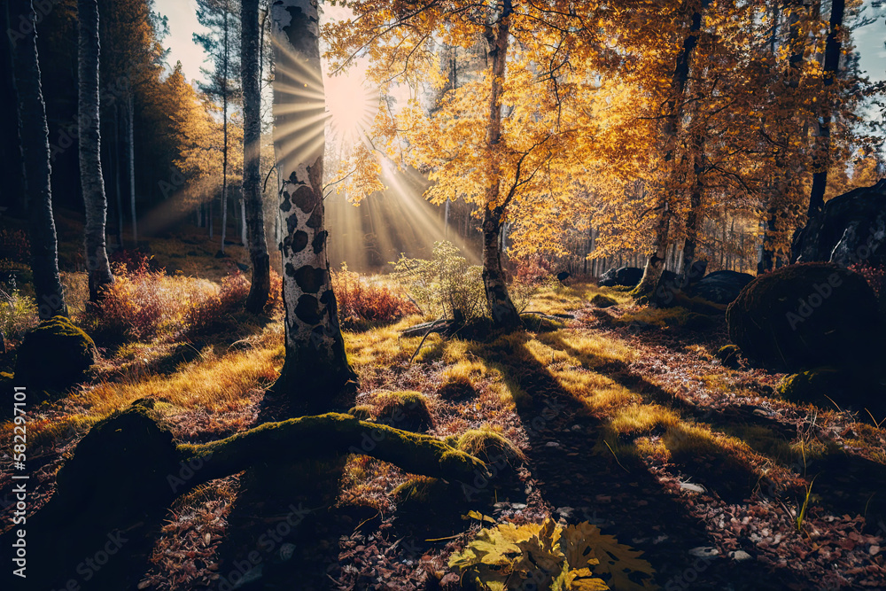 Autumn forest nature. A bright morning in a colorful. Illustration AI Generative