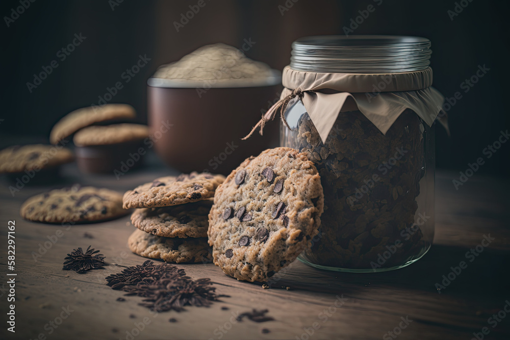 Fresh homemade Chocolate Oatmeal Cookies. Illustration AI Generative