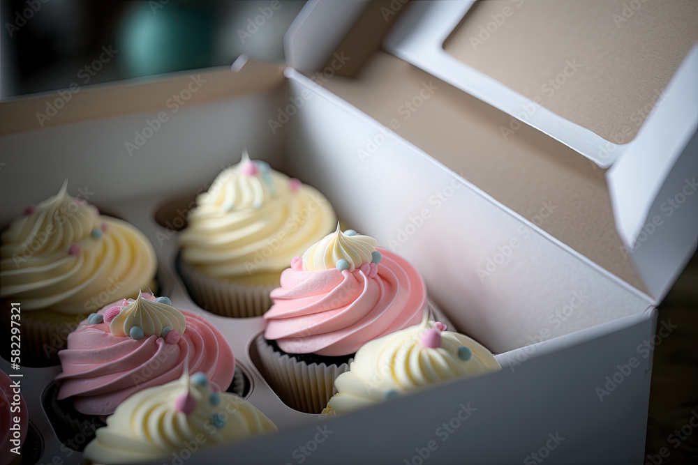 Cupcake packaging delivery box vanilla cupcakes. Illustration AI Generative