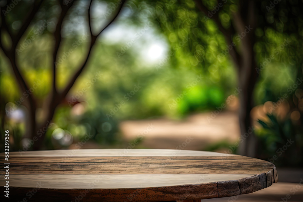 Nature background and table wood for product display. Illustration AI Generative