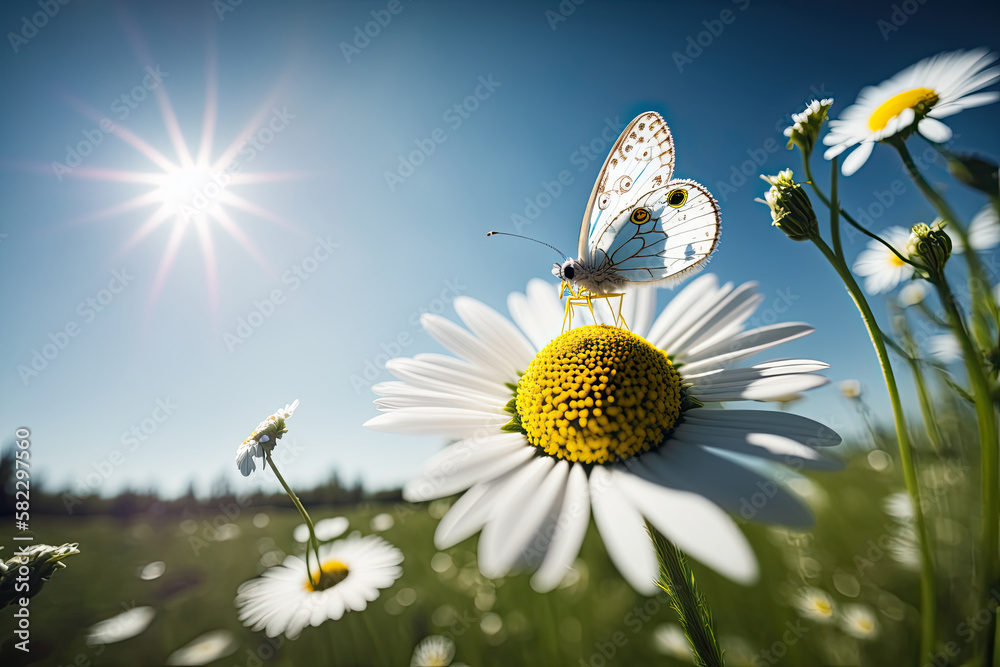 Chamomile in a summer spring field against a blue. Illustration AI Generative