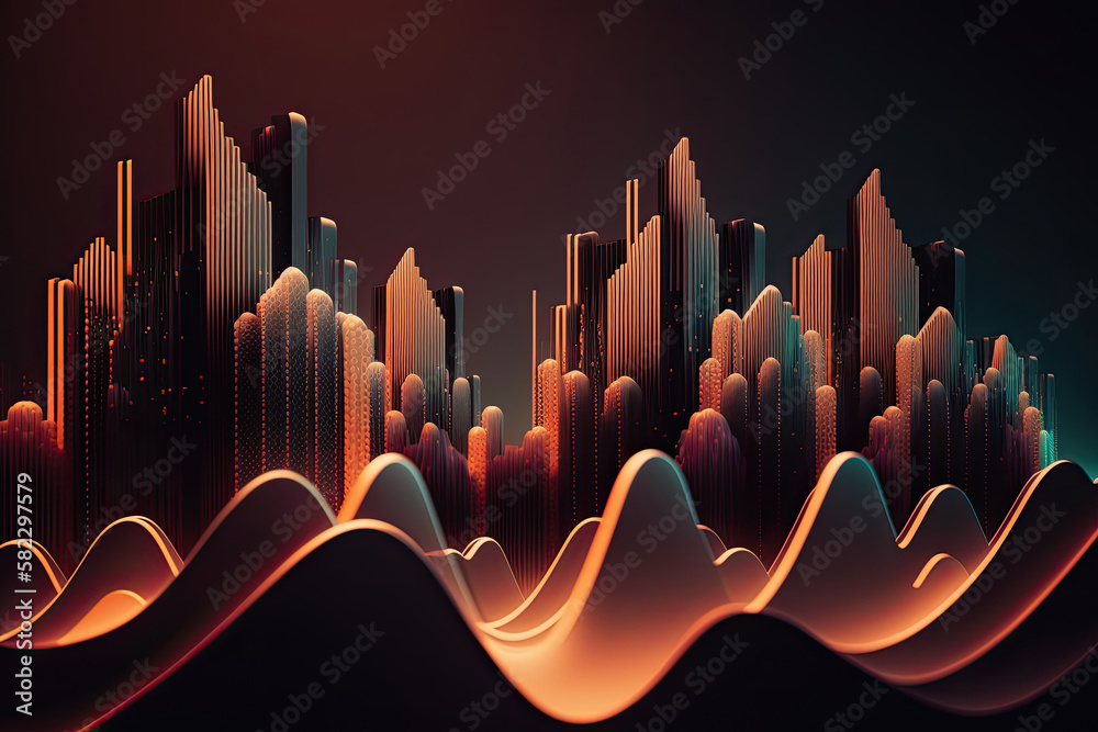 A smart city and an abstract point connect with a gradient. Illustration AI Generative