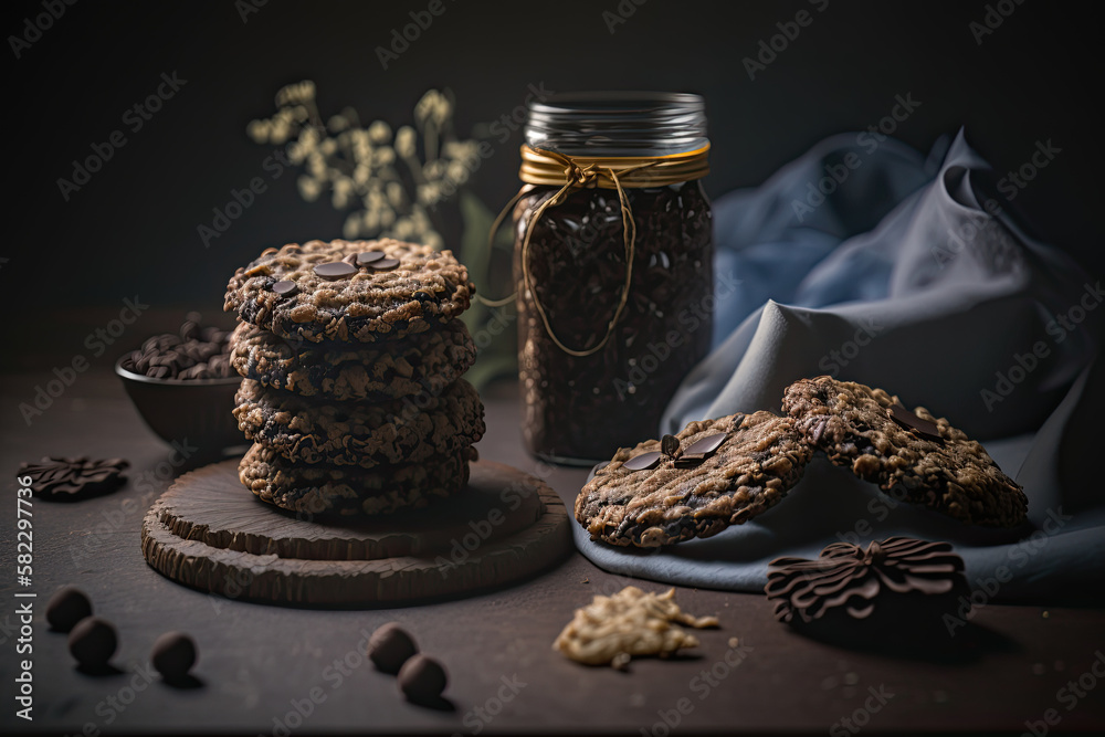 Fresh homemade Chocolate Oatmeal Cookies. Illustration AI Generative