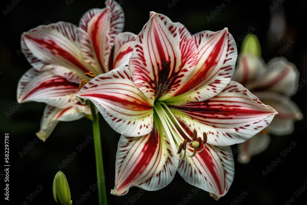 Star lily flowers (genus hippeastrum), colored white with pink stripes. Generative AI