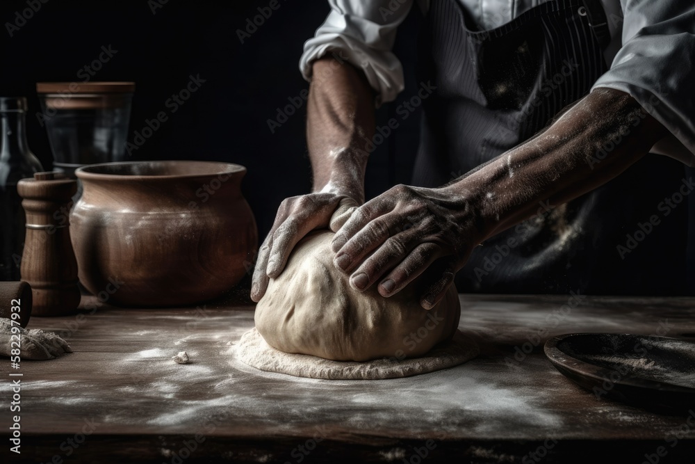 Dough is being cooked by a chef against a dark wooden backdrop. notion of food. Generative AI