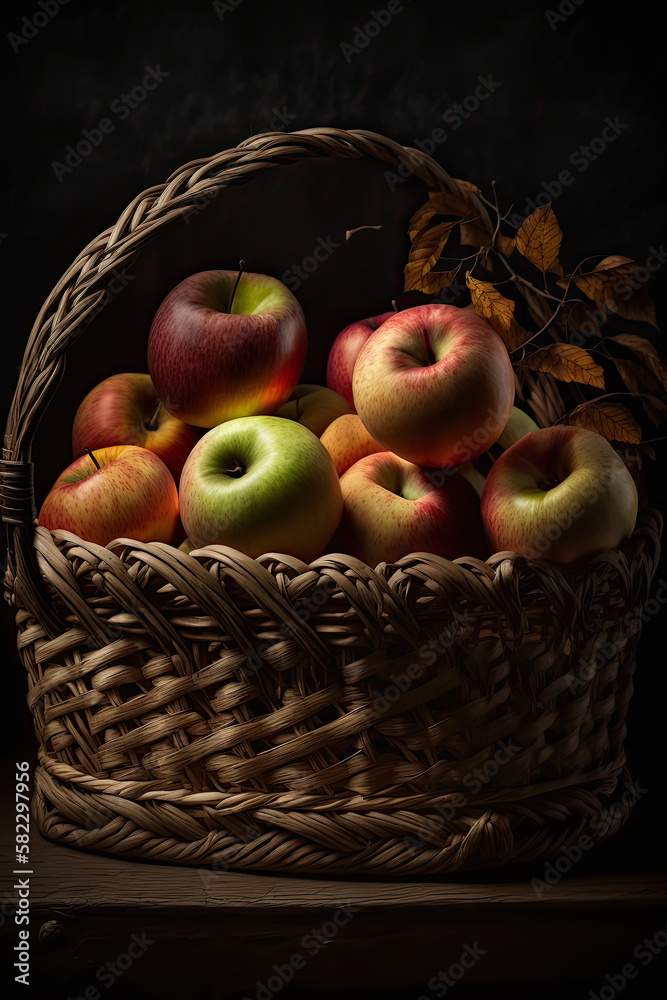 Ripe hand picked apples in a fruit basket. Illustration AI Generative