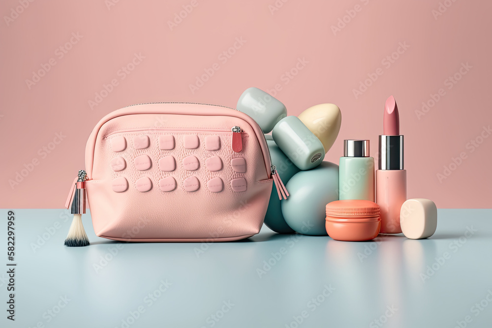 Pink make-up bag with cosmetic products. Illustration AI Generative